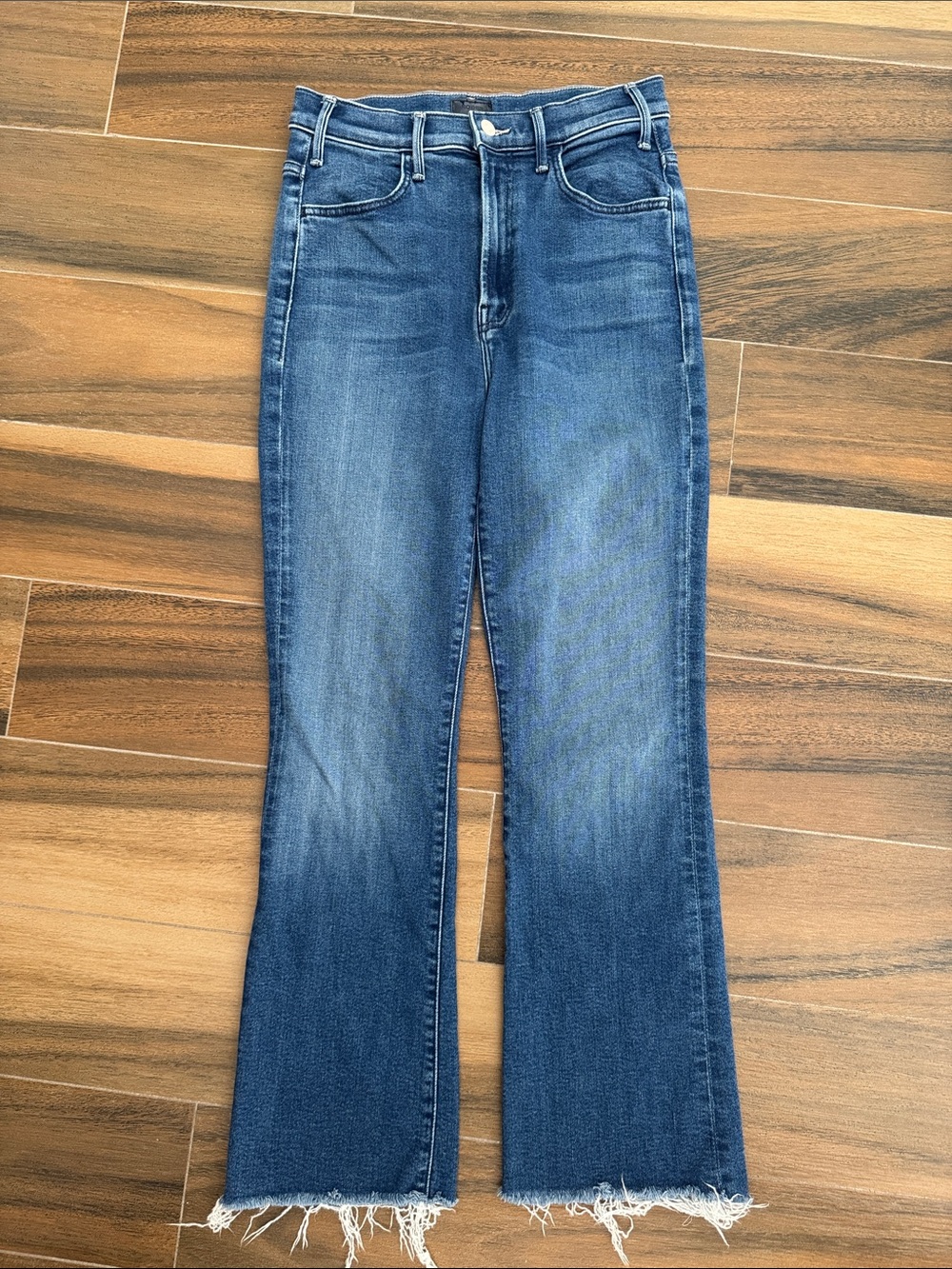 MOTHER Distressed Medium Blue High-Rise Flare Jeans Style is the Hustler